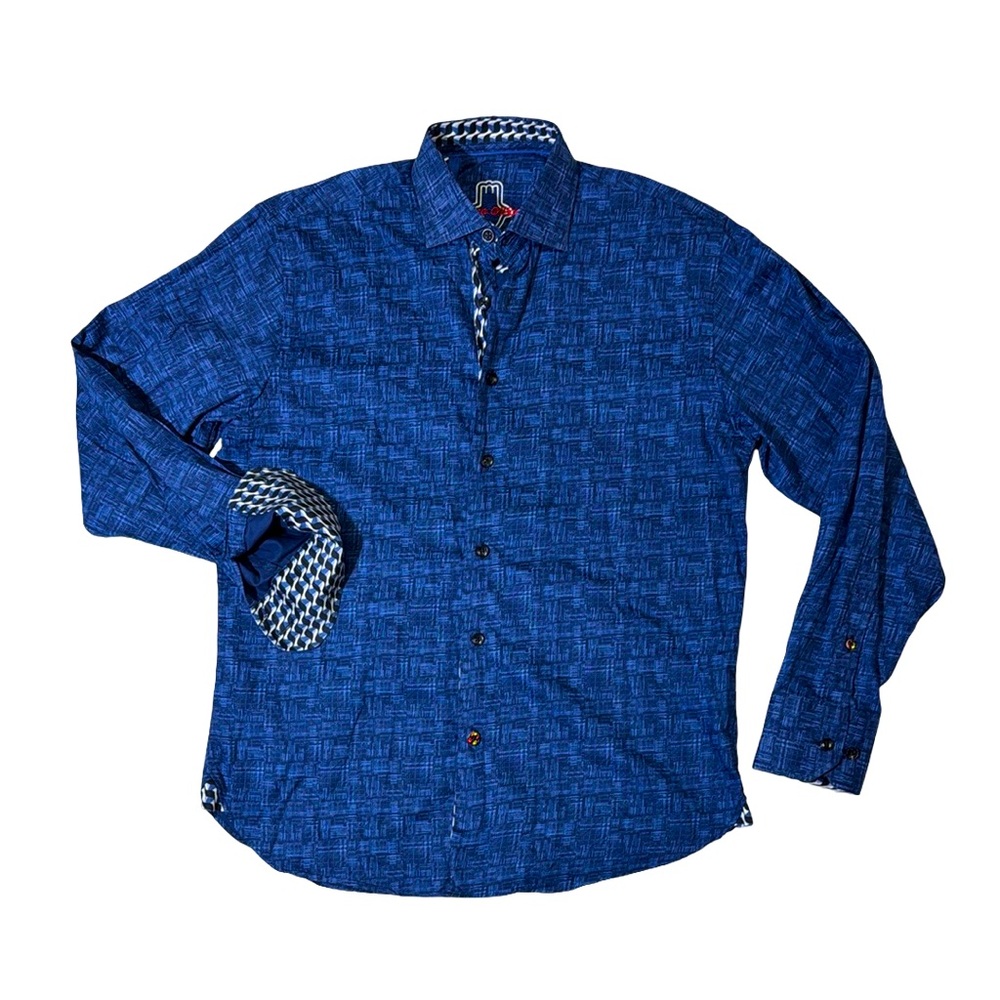 Luciano Visconti mens S Small blue geo print flip cuff button up shirt EUC